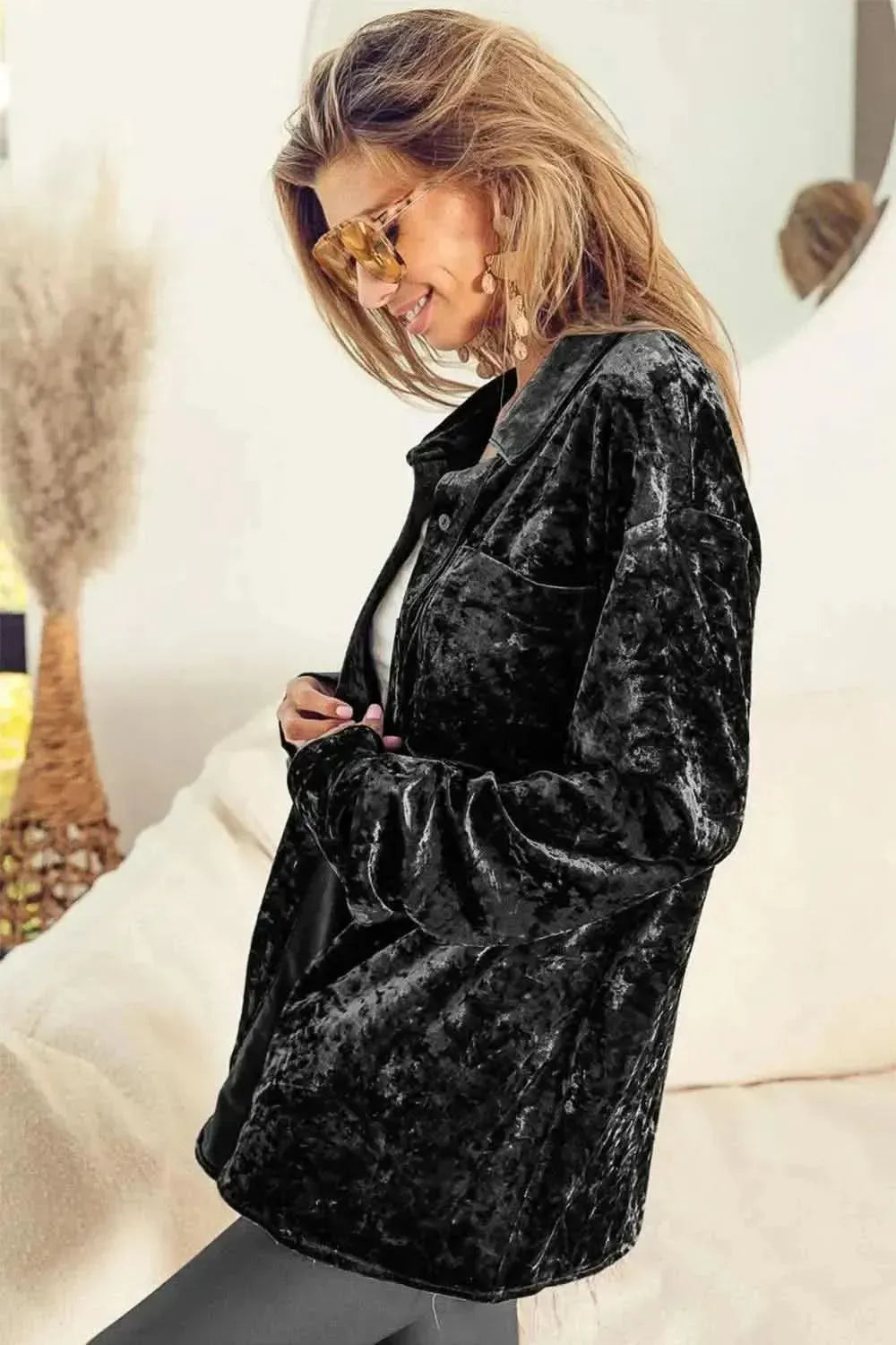 BiBi Button Up Long Sleeve Velvet Shirt - Bad Moms Club