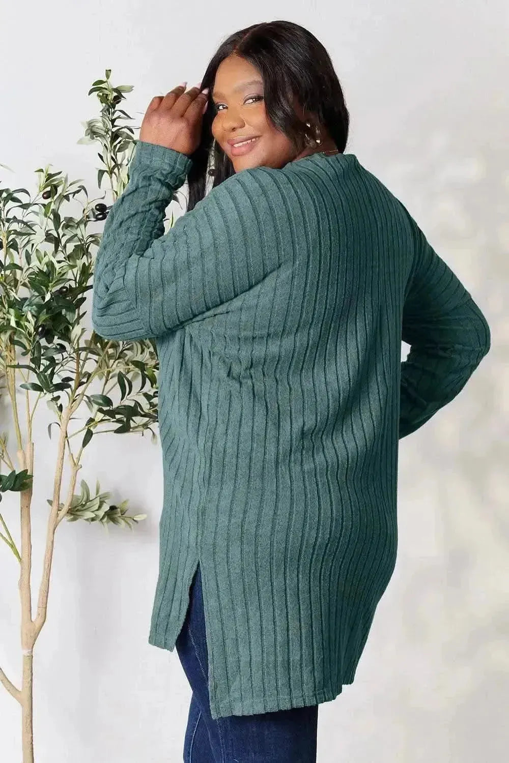 Basic Bae Full Size Ribbed Round Neck Long Sleeve Slit Top - Bad Moms Club