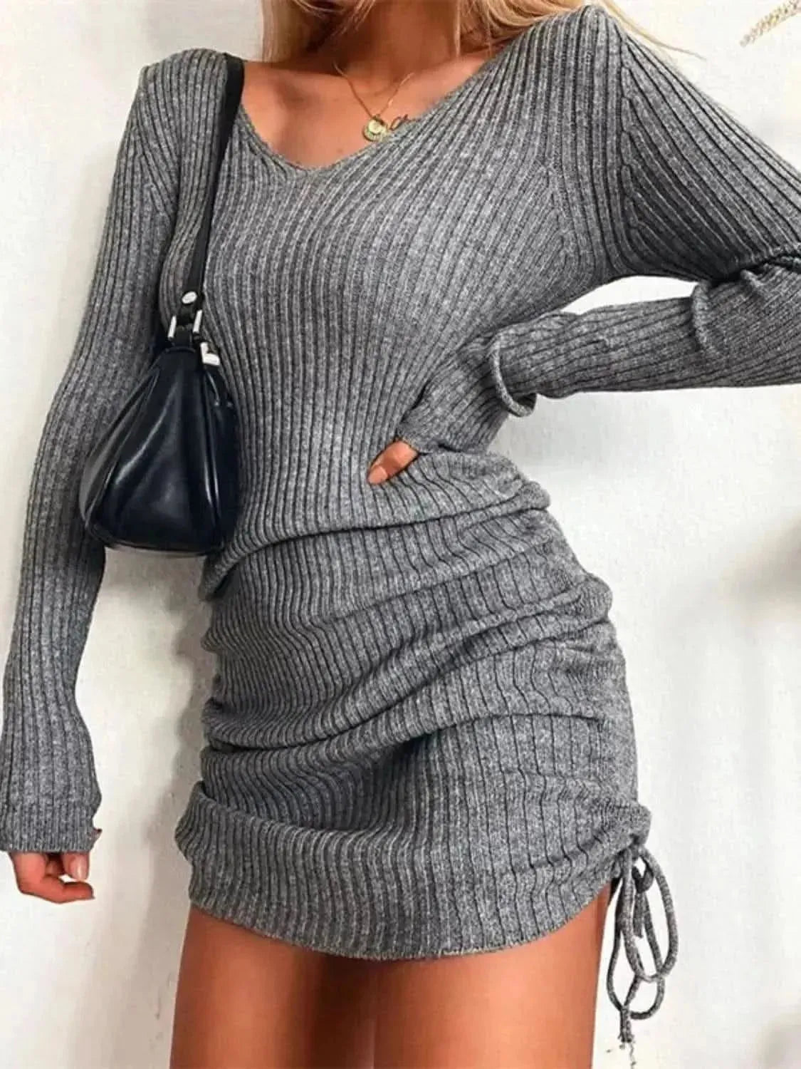Ribbed Drawstring V-Neck Mini Dress - Bad Moms Club