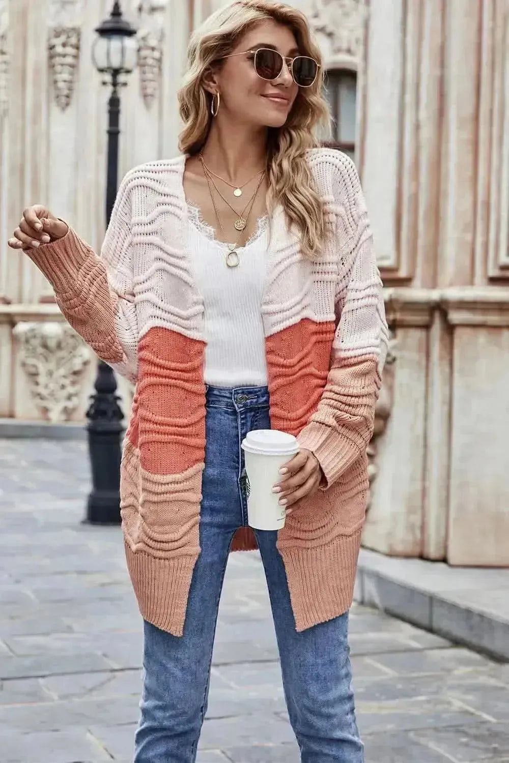 Color Block Openwork Open Front Cardigan - Bad Moms Club