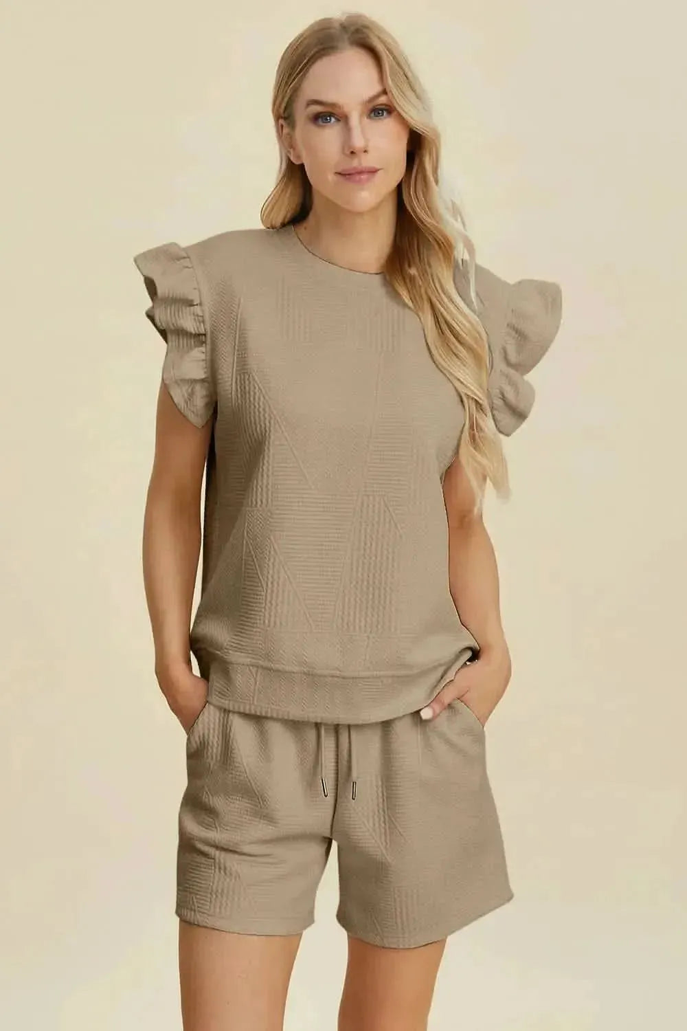 Double Take Full Size Texture Round Neck Ruffle Sleeve Top and Shorts Set - Bad Moms Club