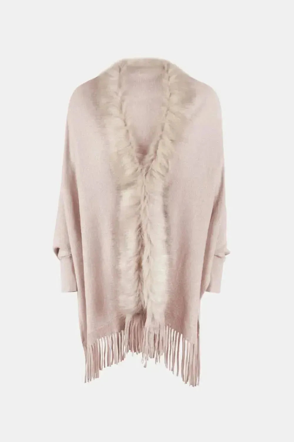 Fringe Open Front Long Sleeve Poncho - Bad Moms Club
