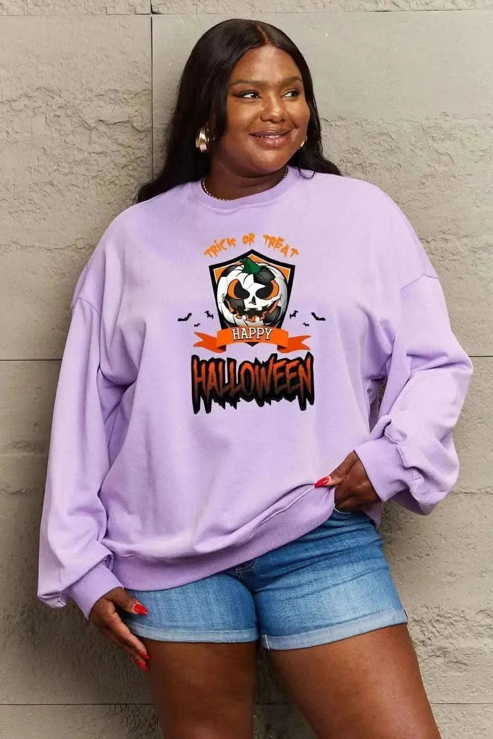 Simply Love Full Size TRICK OR TREAT HAPPY HALLOWEEN Graphic Sweatshirt - Bad Moms Club