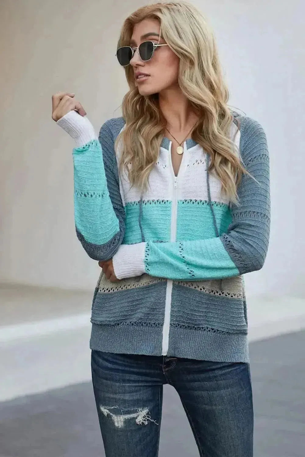 Zip-Up Raglan Sleeve Openwork Hooded Cardigan - Bad Moms Club