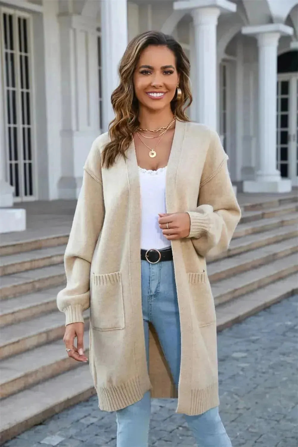 Open Front Dropped Shoulder Cardigan with Pocket - Bad Moms Club