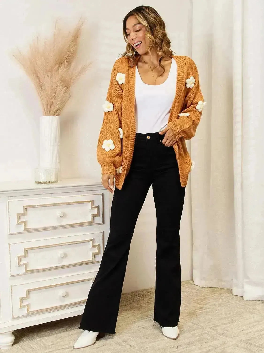 Flower Dropped Shoulder Open Front Cardigan - Bad Moms Club