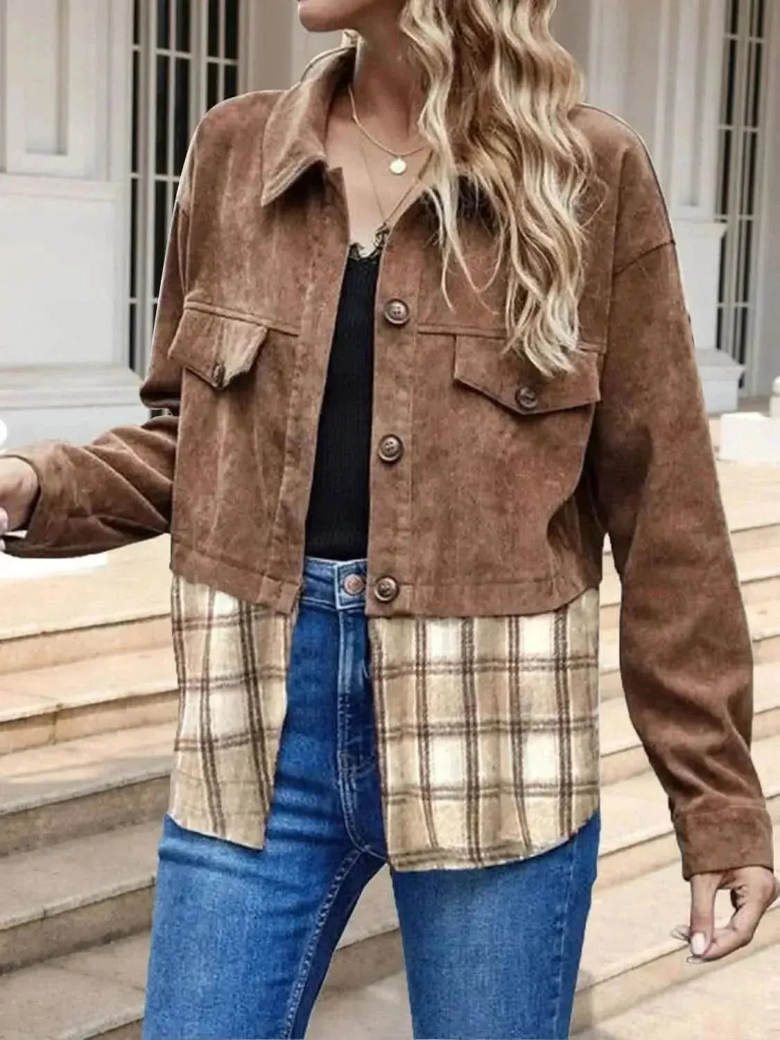 Printed Dropped Shoulder Collared Neck Denim Jacket - Bad Moms Club