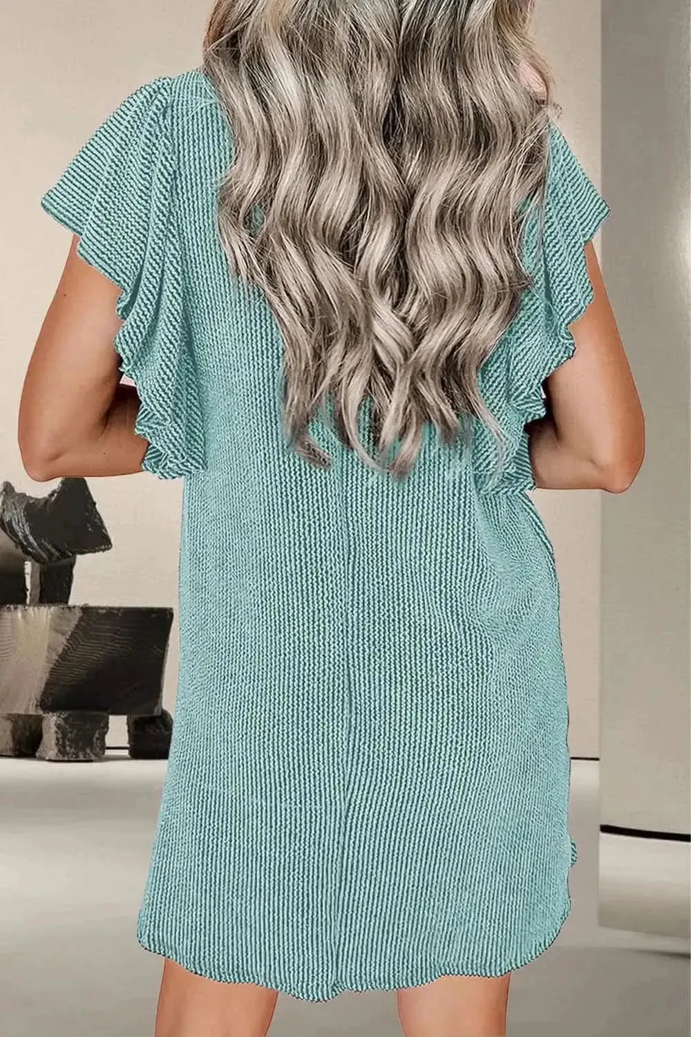Textured Ruffled Round Neck Cap Sleeve Dress - Bad Moms Club