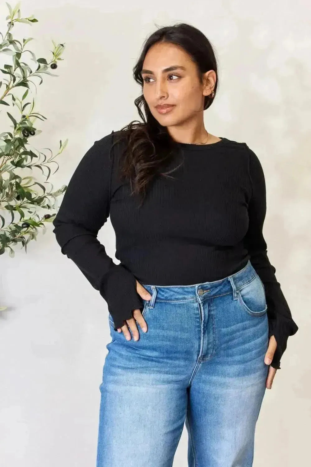 Culture Code Full Size Ribbed Round Neck Long Sleeve Top - Bad Moms Club