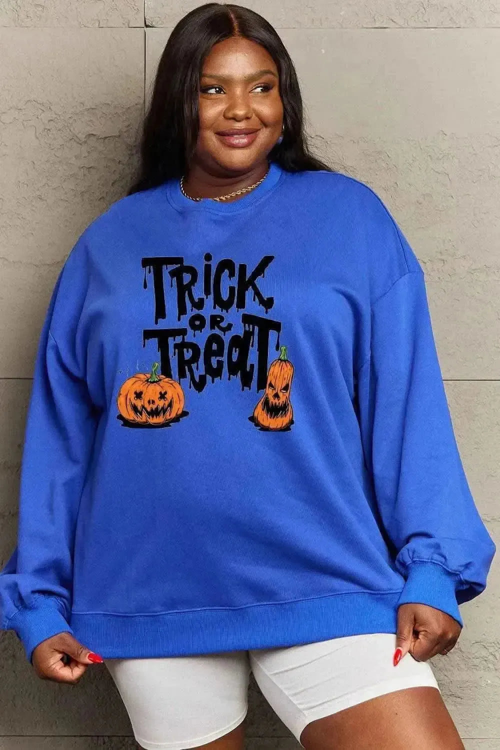 Simply Love Full Size TRICK OR TREAT Graphic Sweatshirt - Bad Moms Club