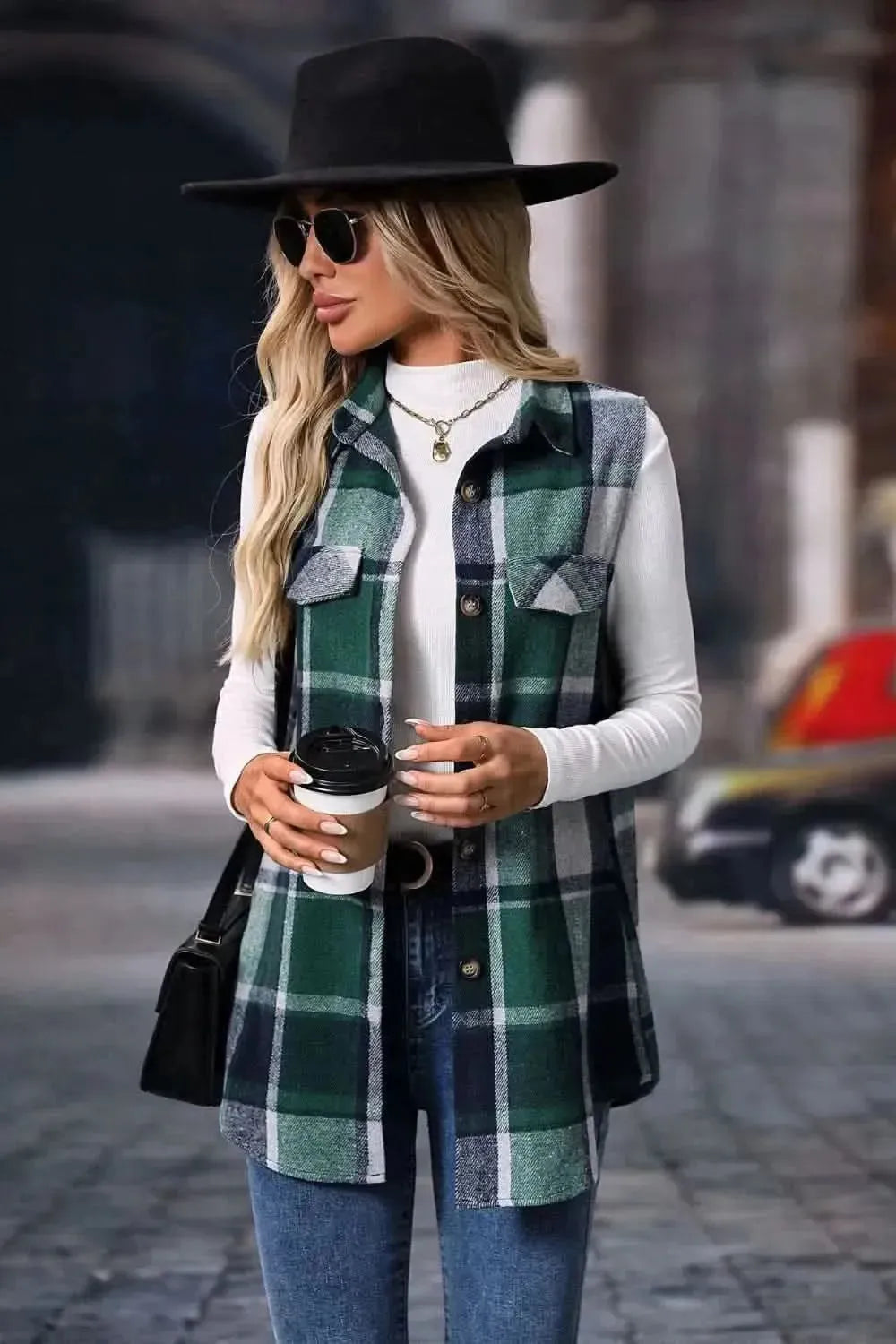 Plaid Button Up Vest Coat - Bad Moms Club