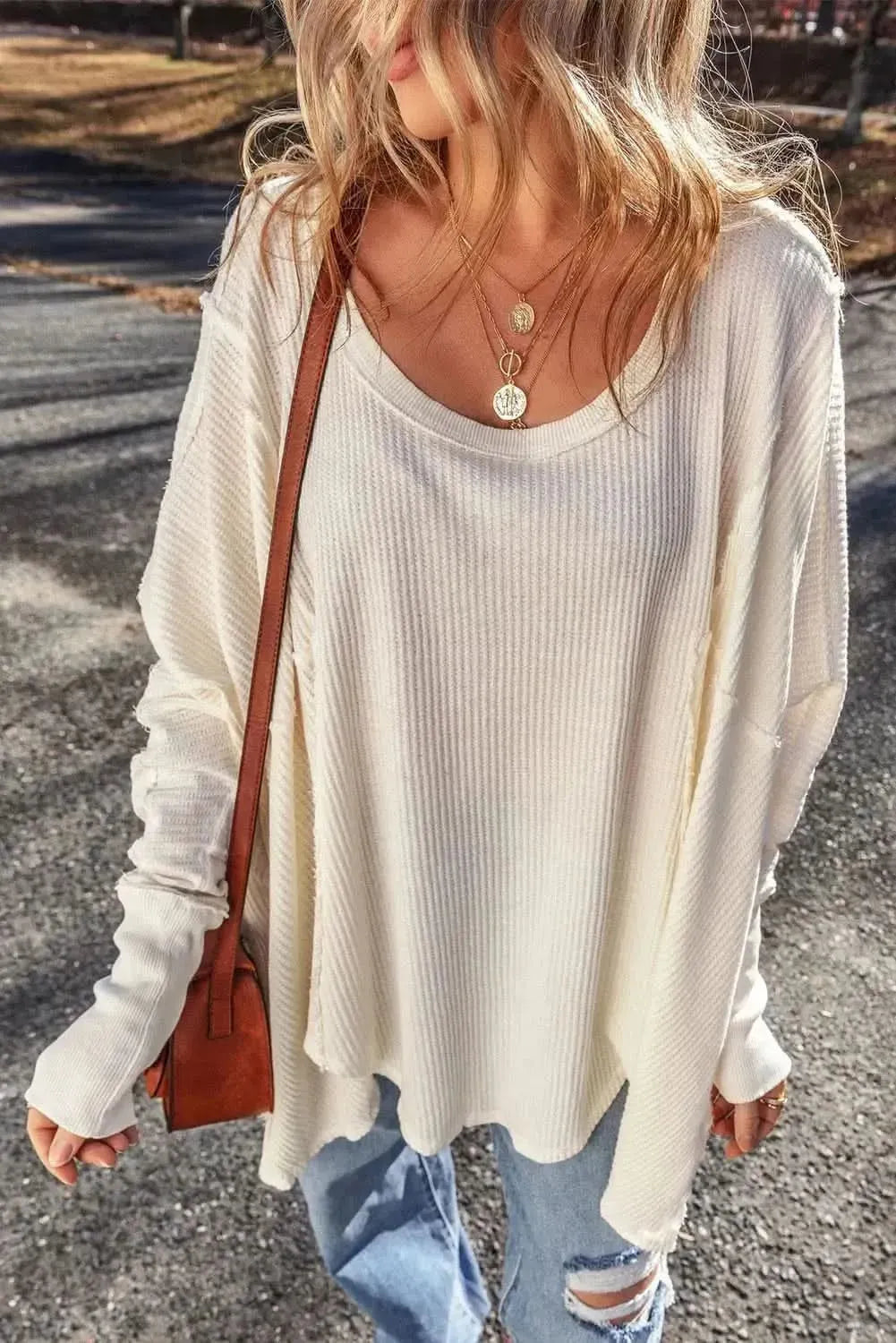 Exposed Seam Round Neck Long Sleeve Blouse - Bad Moms Club