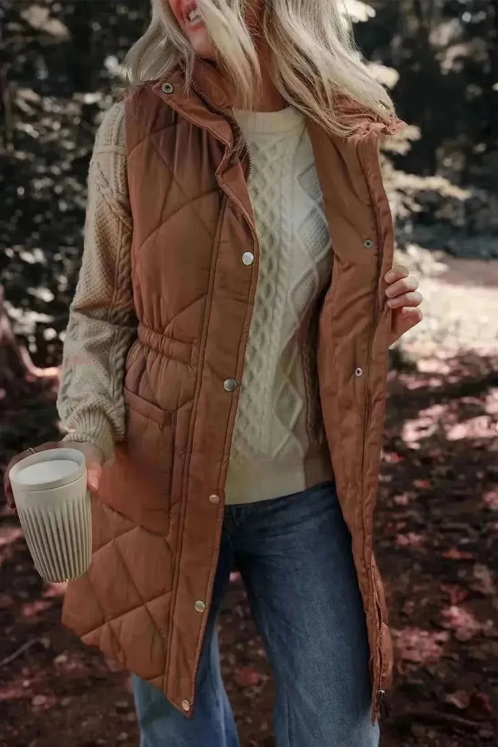 Pocketed Zipper and Button Vest Coat - Bad Moms Club