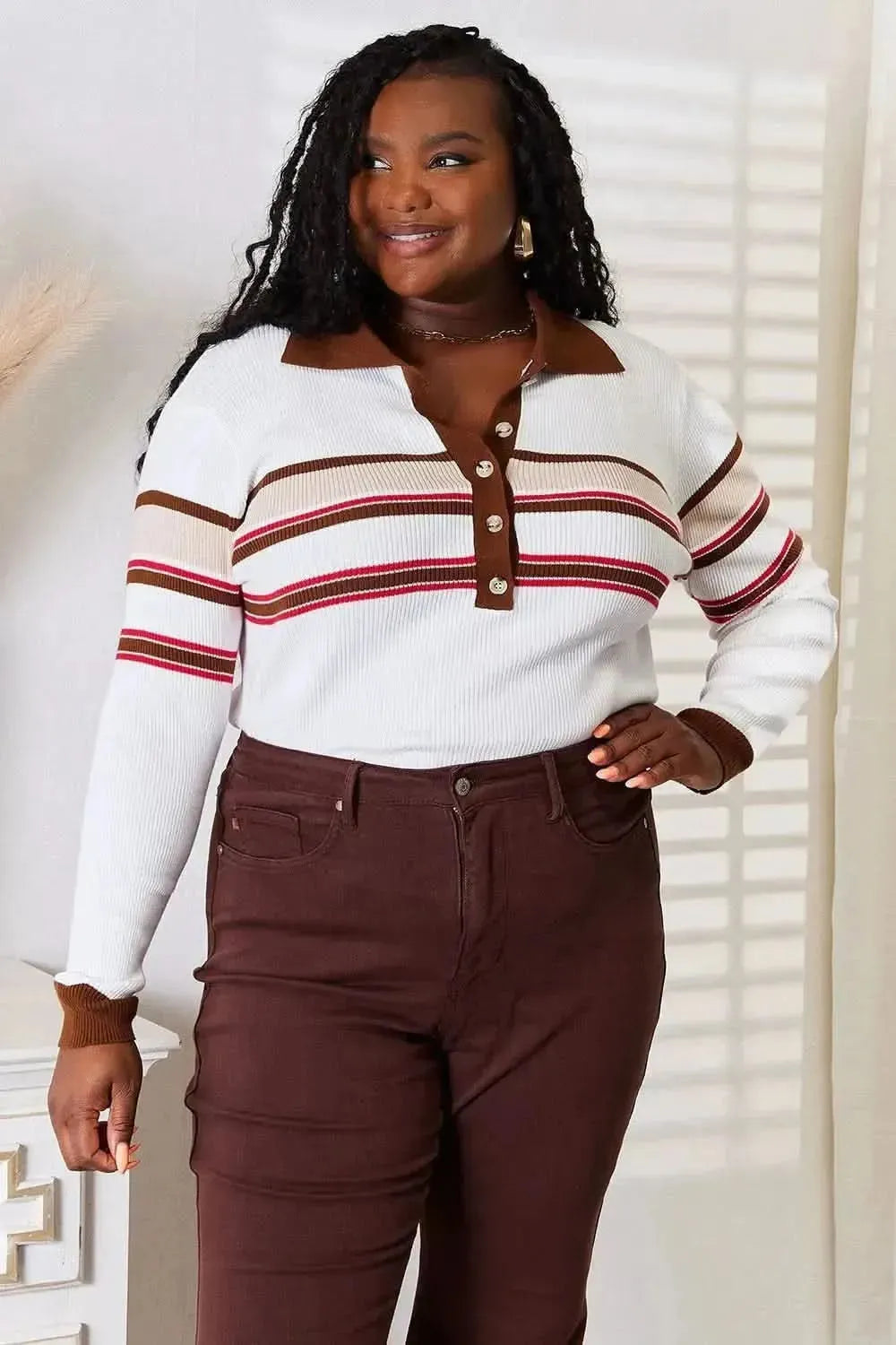 Basic Bae Striped Collared Neck Rib-Knit Top - Bad Moms Club