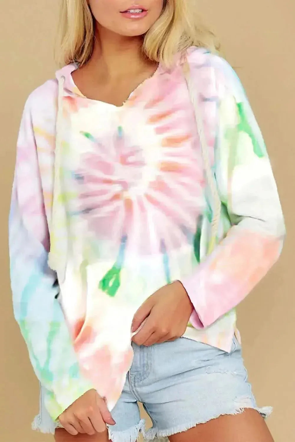 Drawstring Tie-Dye Long Sleeve Hoodie - Bad Moms Club