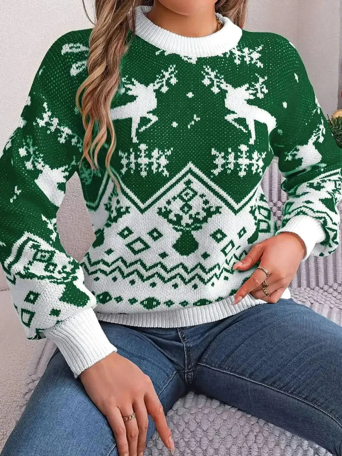 Christmas Element Round Neck Long Sleeve Sweater - Bad Moms Club