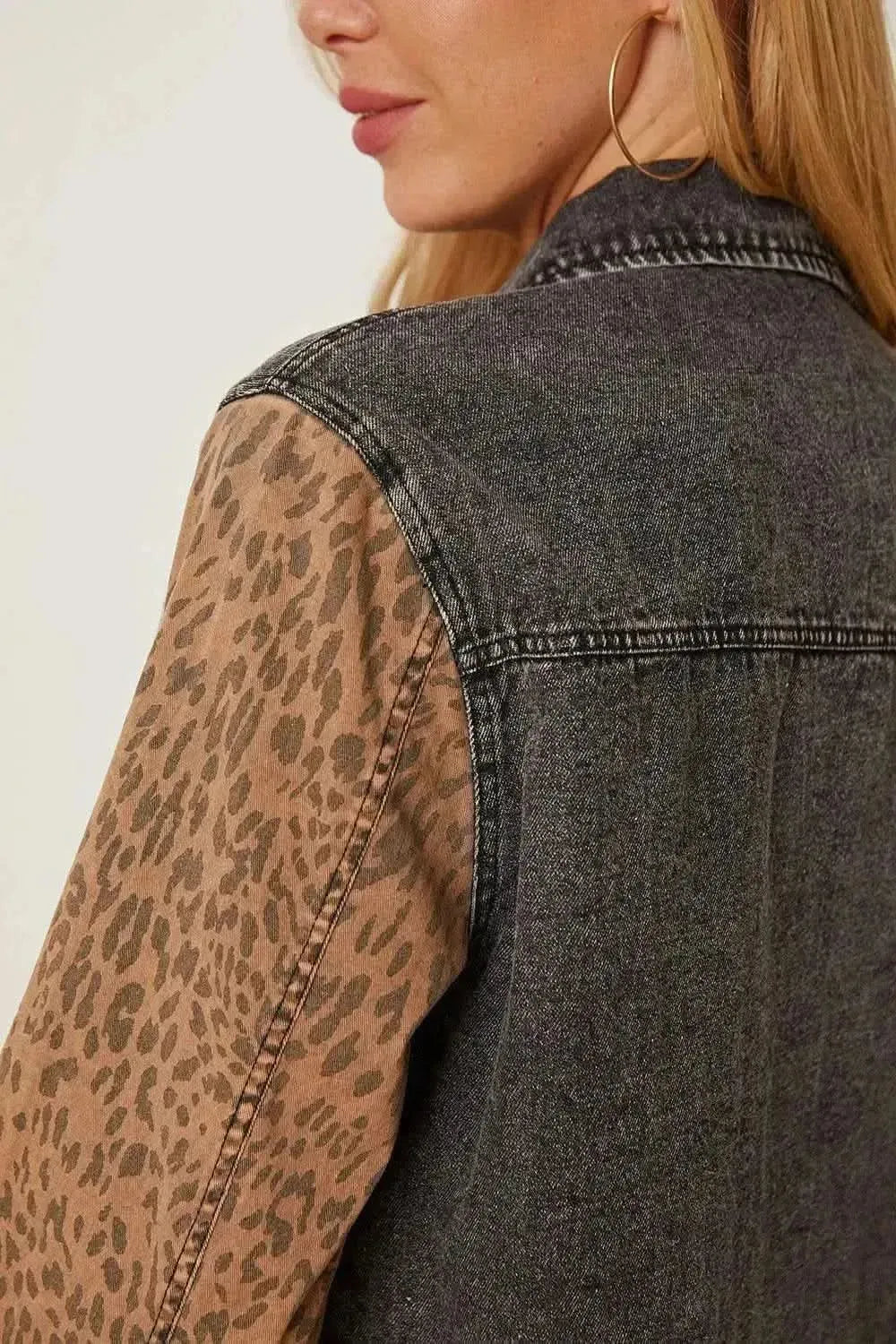 MeiMei Leopard Raw Hem Pocketed Denim Jacket - Bad Moms Club