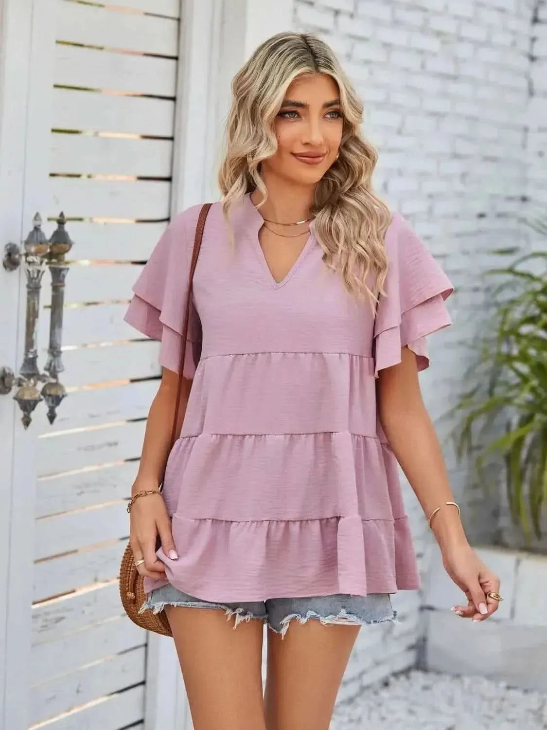 Tiered Notched Short Sleeve Blouse - Bad Moms Club