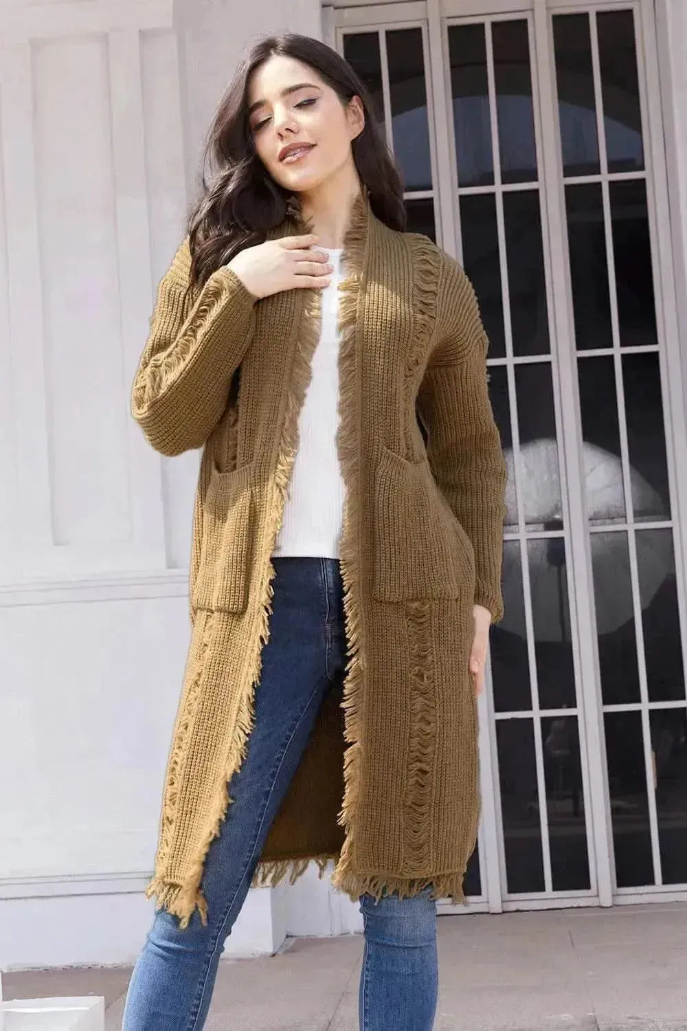 Fringe Trim Open Front Cardigan with Pockets - Bad Moms Club