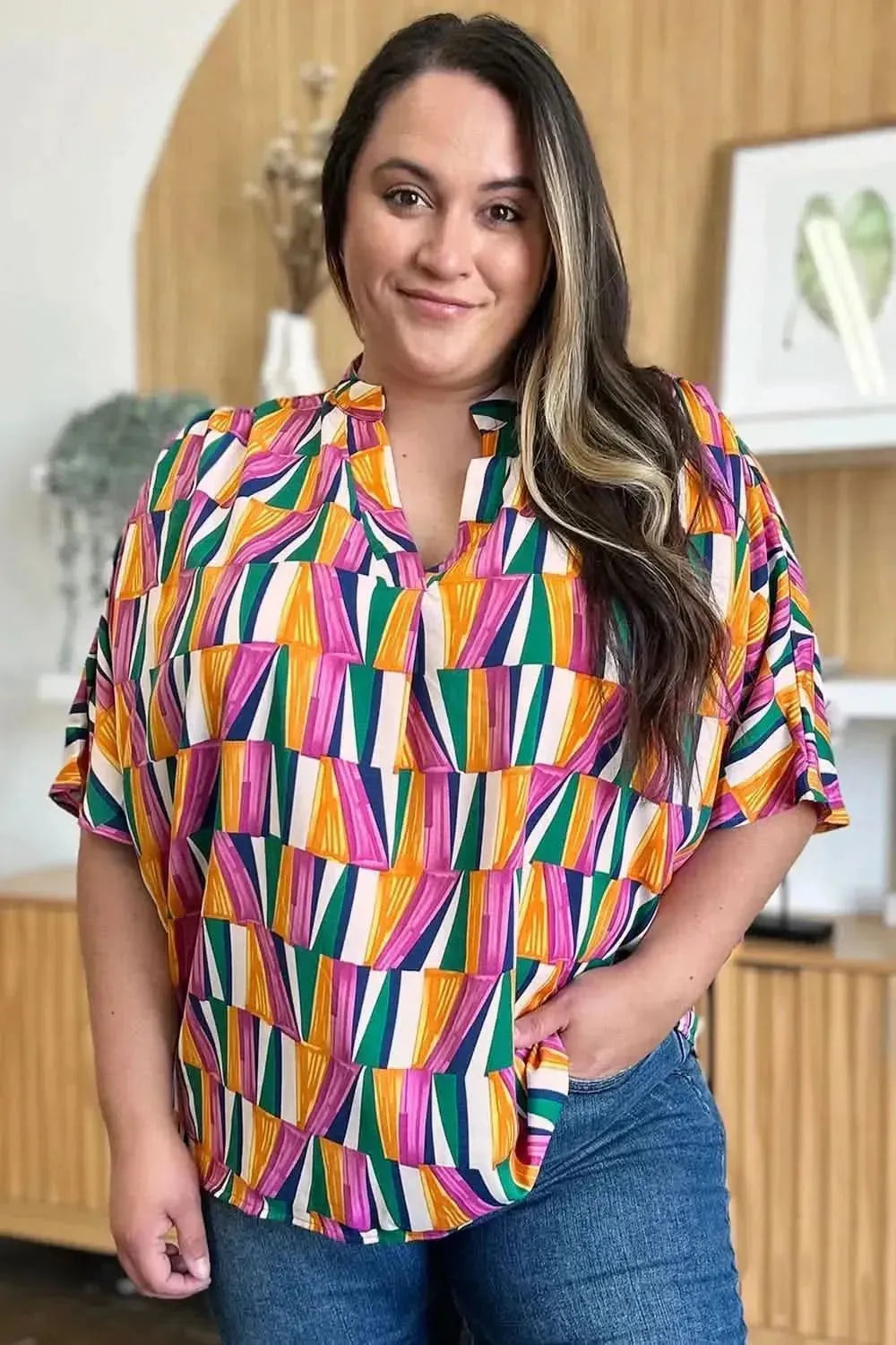 Double Take Full Size Geometric Notched Dolman Sleeve Top - Bad Moms Club