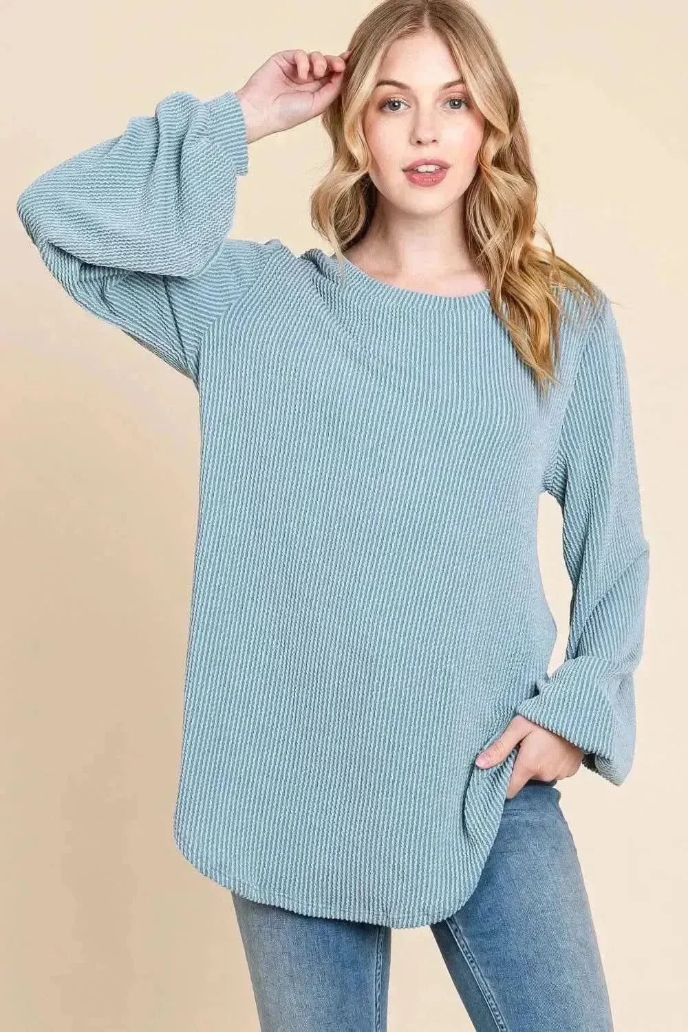 BOMBOM Long Sleeve Curved Hem Ribbed T-Shirt - Bad Moms Club