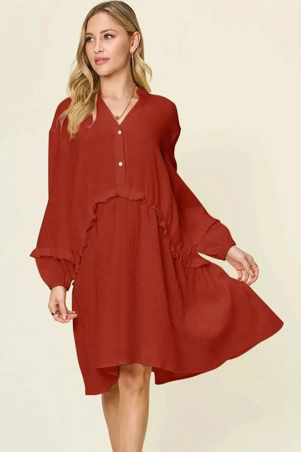 Double Take Full Size Texture Half Button Ruffle Trim Dress - Bad Moms Club