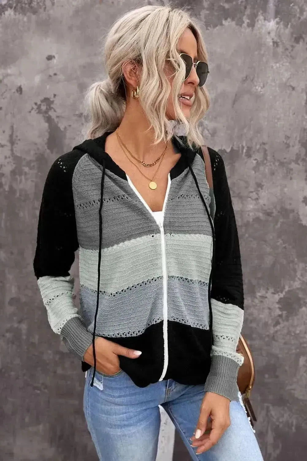 Zip-Up Raglan Sleeve Openwork Hooded Cardigan - Bad Moms Club