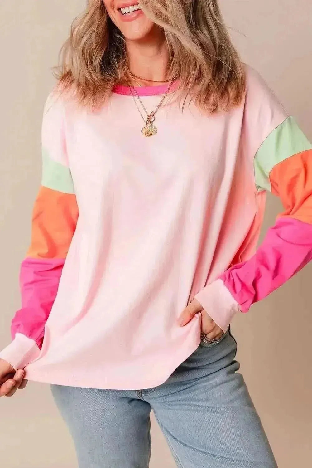 Color Block Round Neck Long Sleeve Top - Bad Moms Club