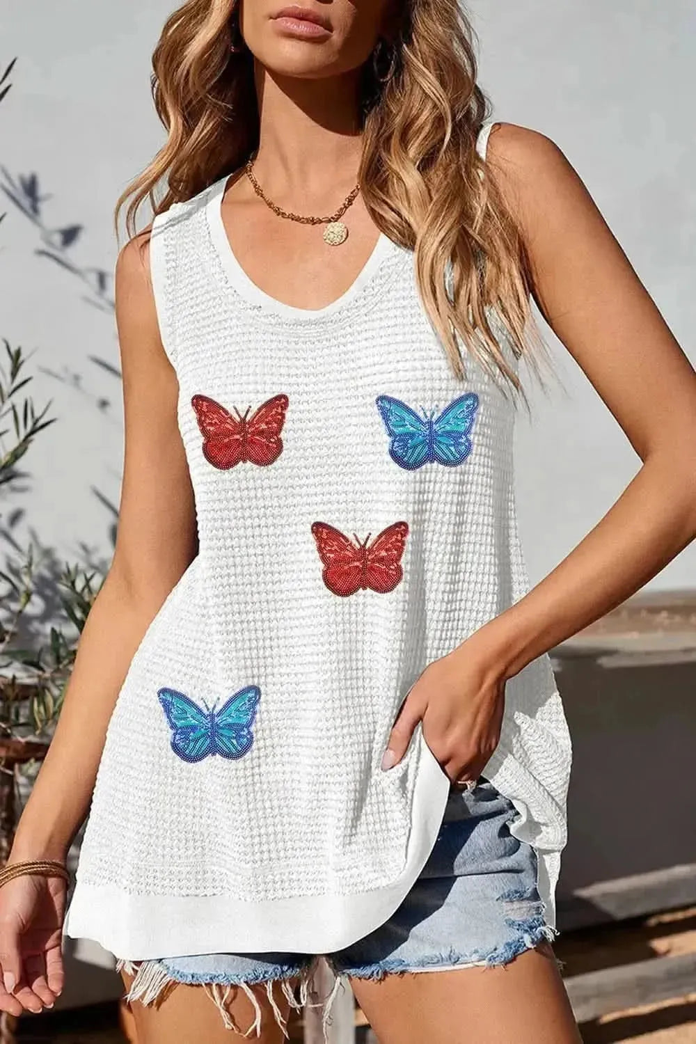 Sequin Butterfly Round Neck Tank - Bad Moms Club