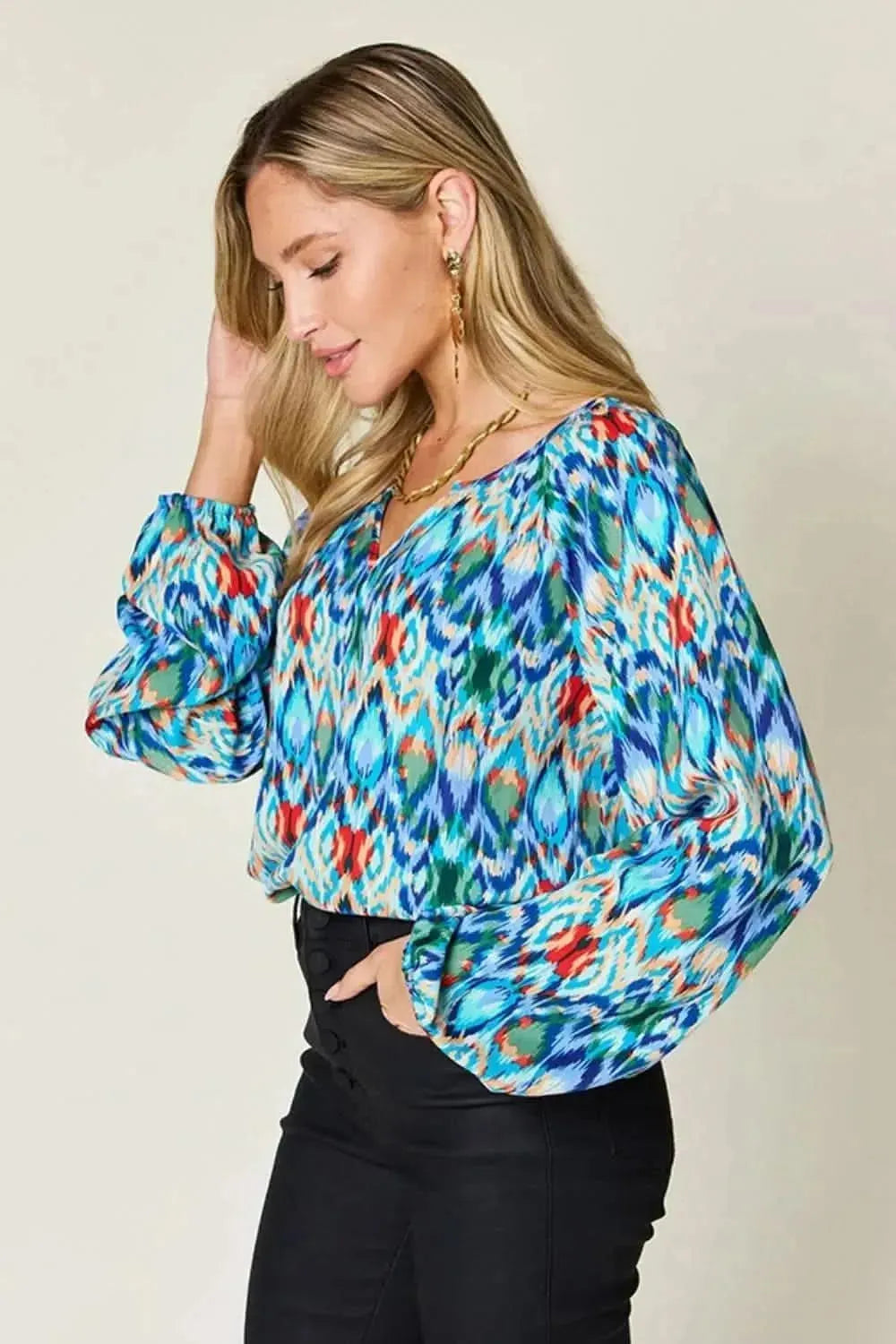 Double Take Full Size Printed Balloon Sleeve Blouse - Bad Moms Club
