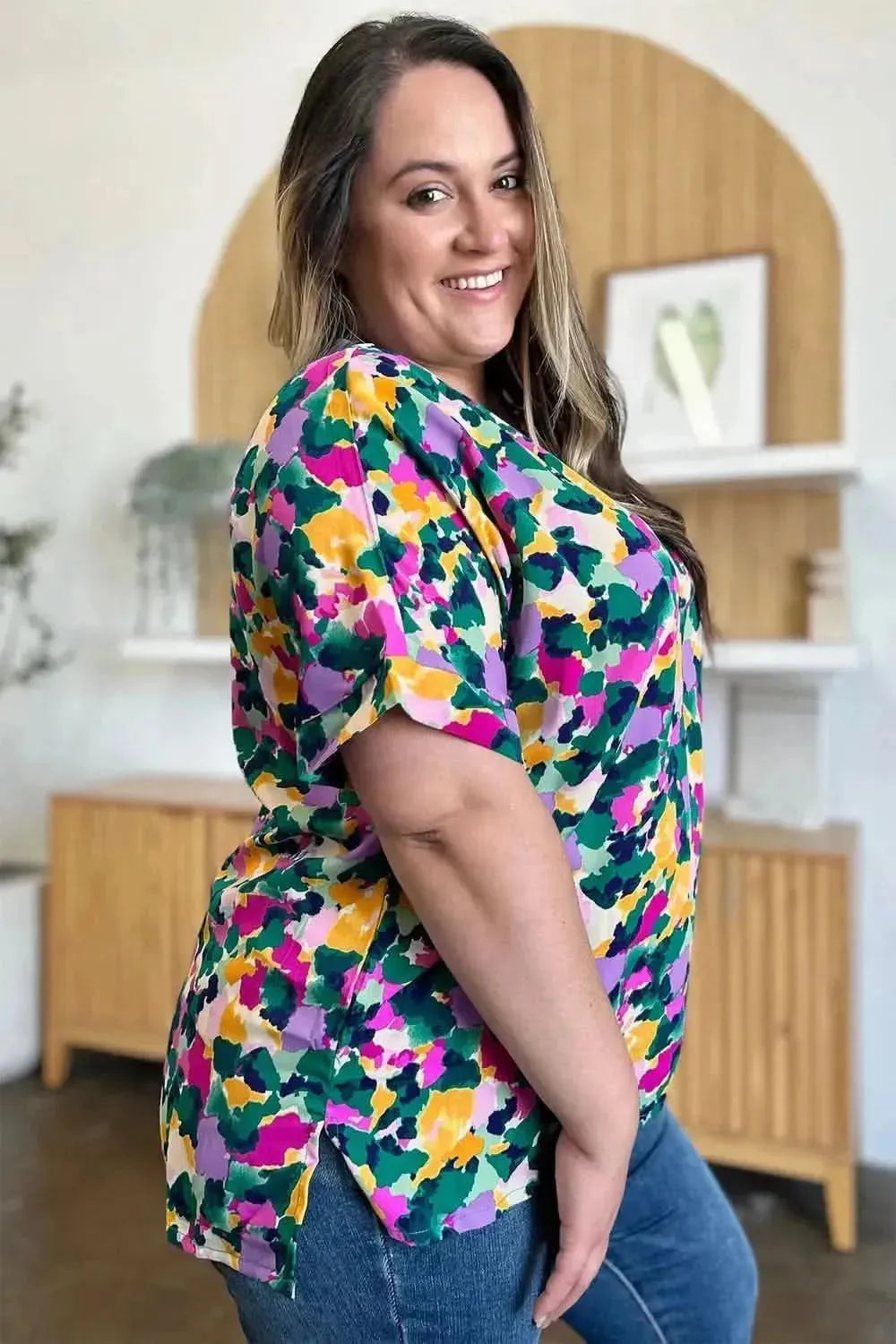 Double Take Full Size Printed V-Neck Short Sleeve Side Slit Top - Bad Moms Club