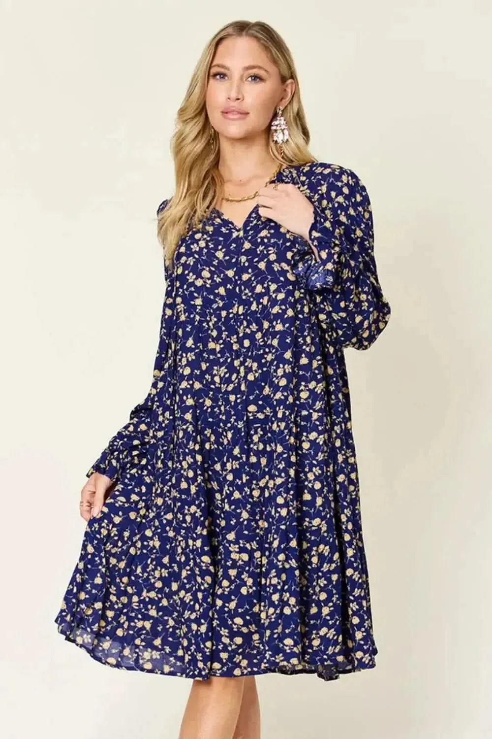 Double Take Full Size Printed Ruffle Hem Long Sleeve Tiered Dress - Bad Moms Club