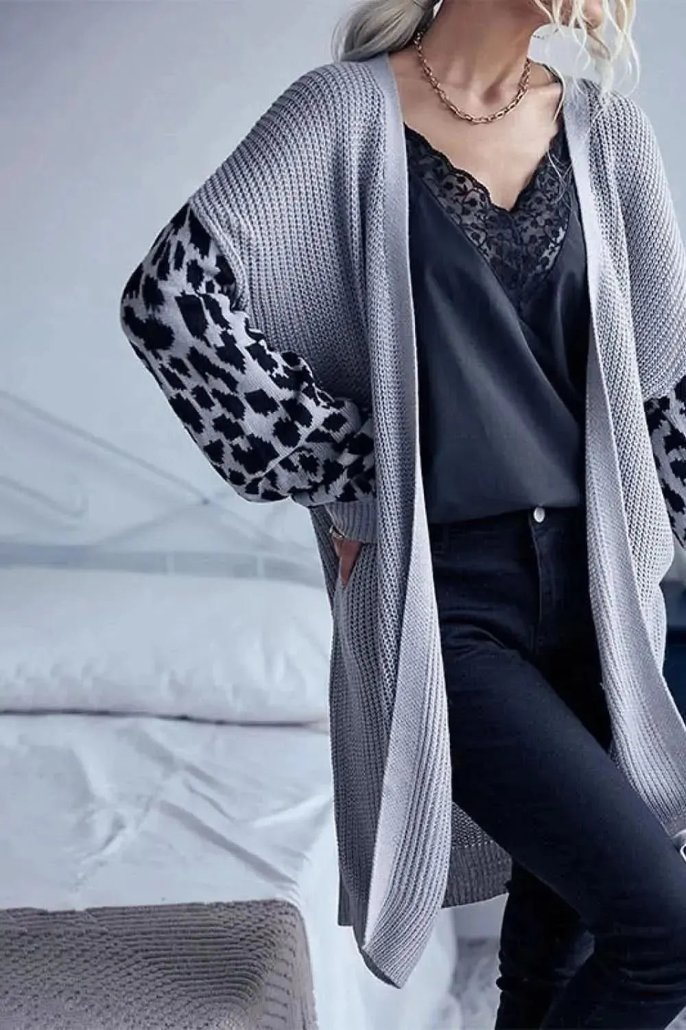 Leopard Sleeves Waffle Knit Open Front Cardigan - Bad Moms Club