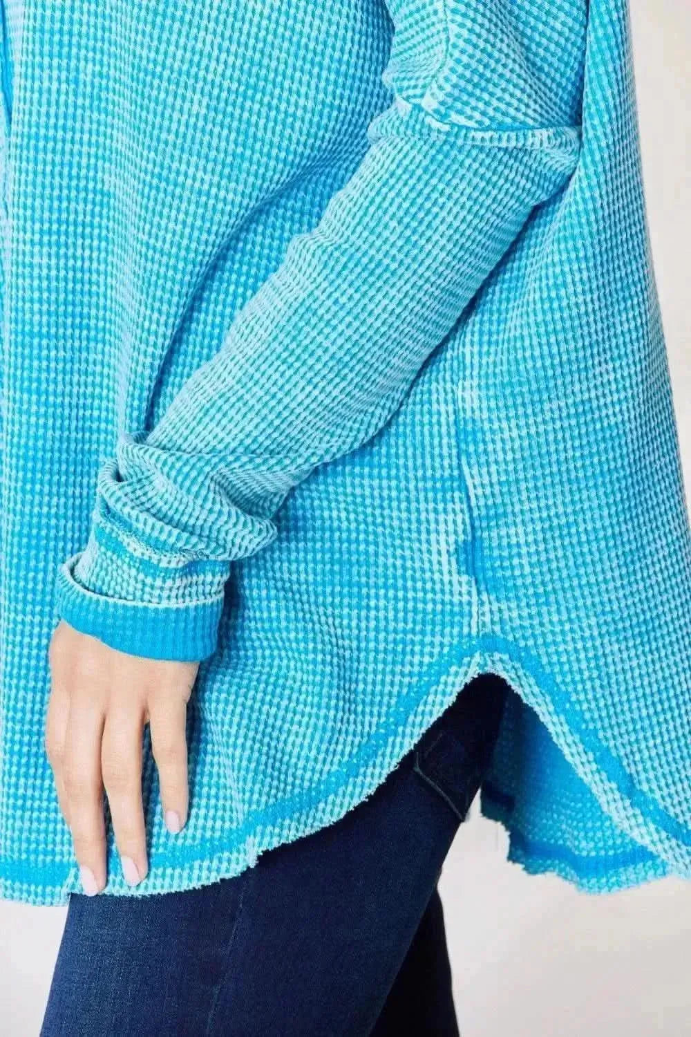 Zenana Oversized Waffle Long Sleeve Top - Bad Moms Club