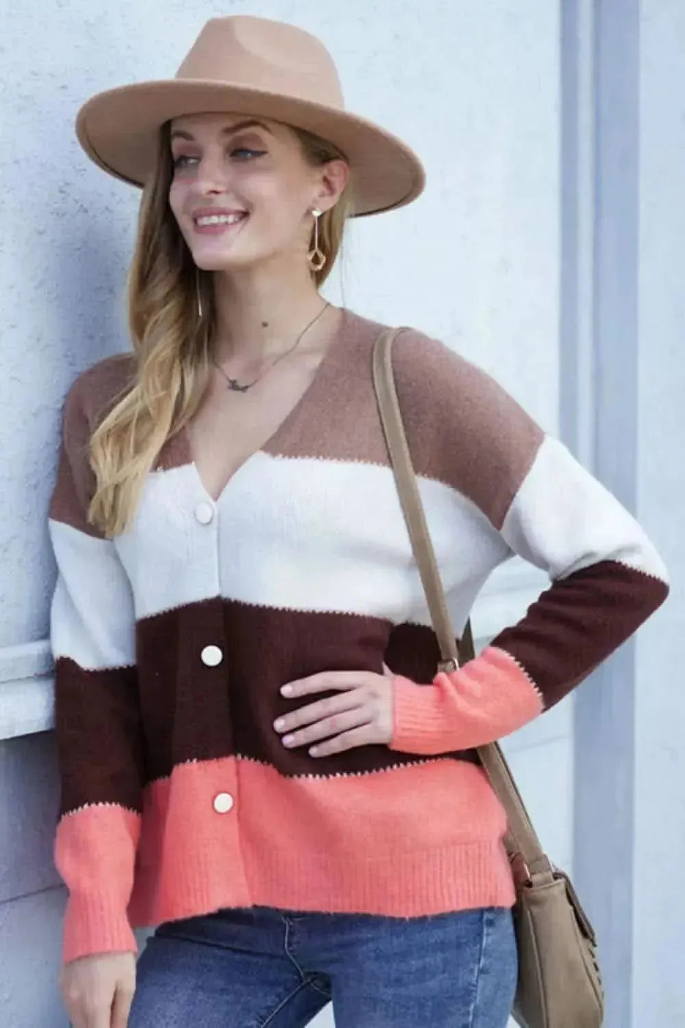 Woven Right Color Block V-Neck Button Down Cardigan - Bad Moms Club