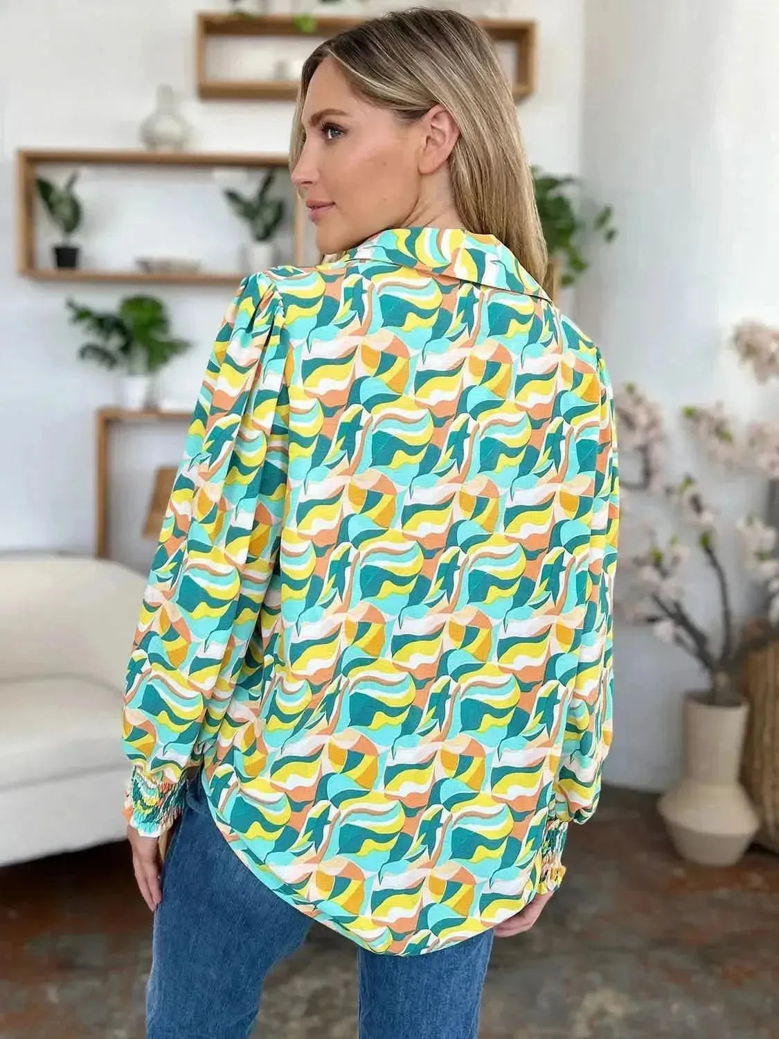 Double Take Full Size Printed Smocked Long Sleeve Blouse - Bad Moms Club