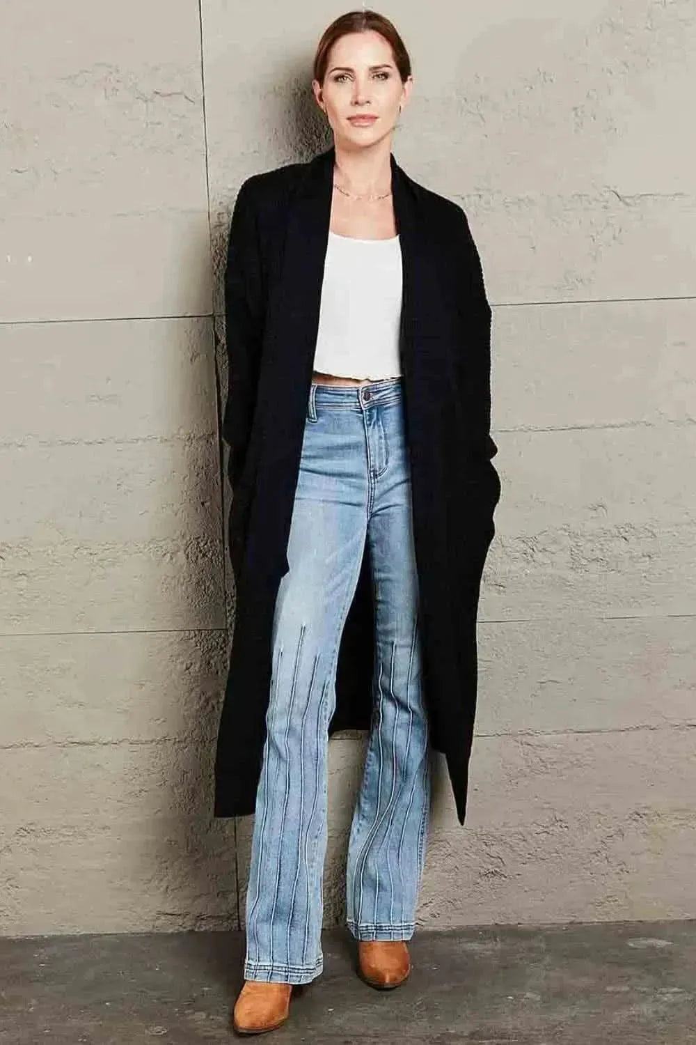 Waffle Knit Open Front Duster Cardigan With Pockets - Bad Moms Club