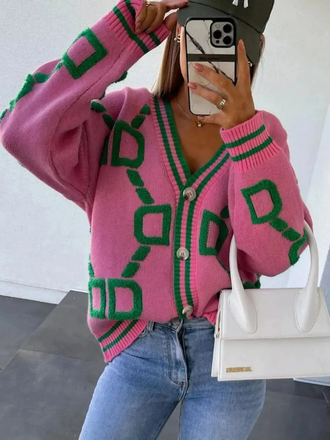 Geometric Dropped Shoulder Button Down Cardigan - Bad Moms Club