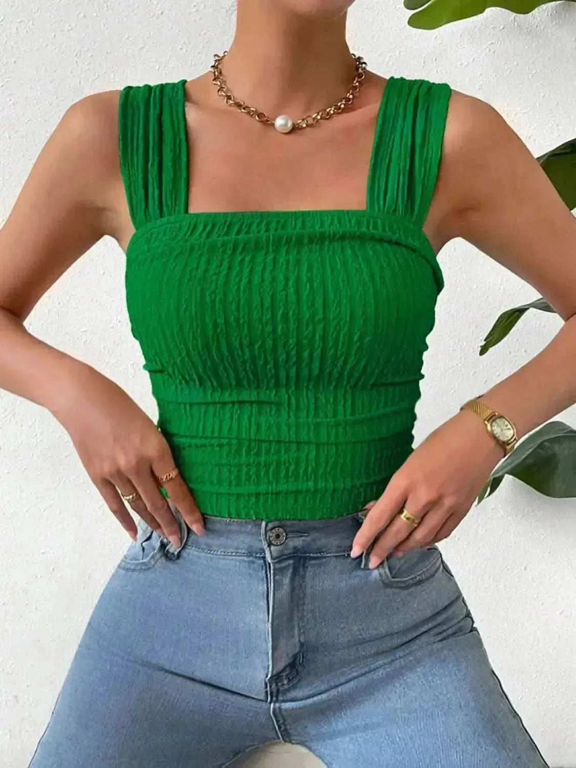 Textured Square Neck Wide Strap Tank - Bad Moms Club