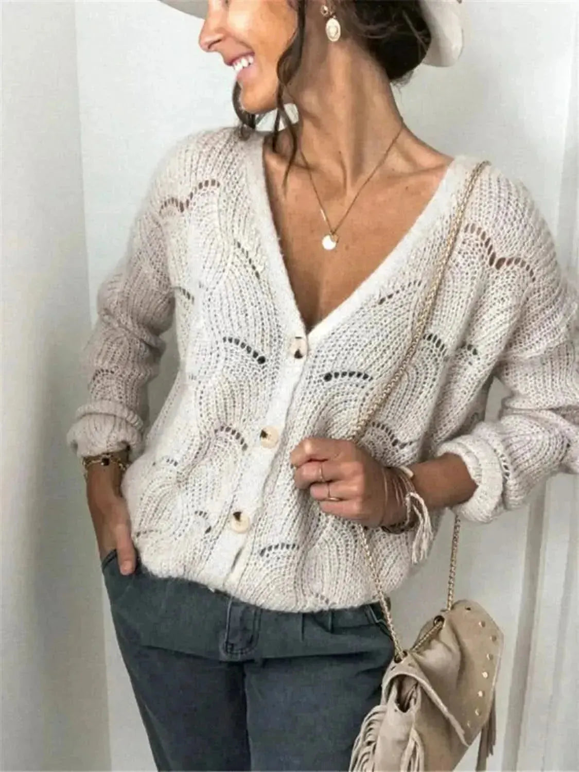 Openwork Button Up Long Sleeve Cardigan - Bad Moms Club