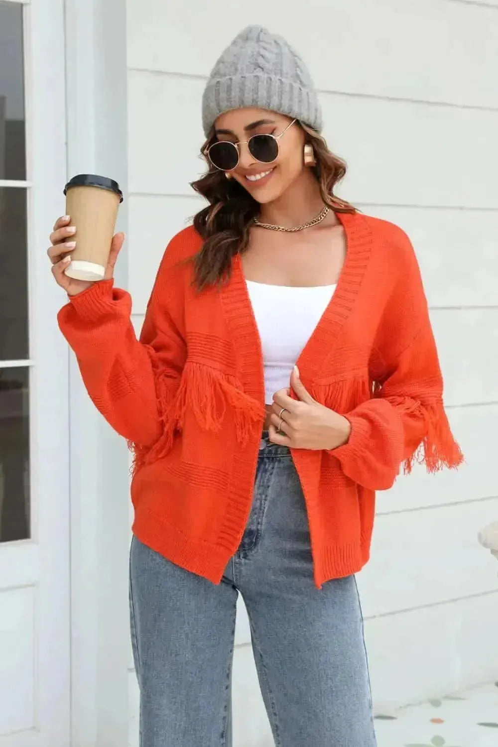 Fringe Trim Open Front Cardigan - Bad Moms Club
