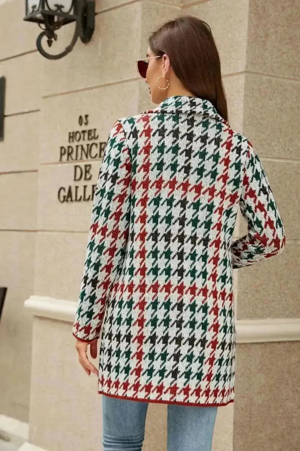 Printed Open Front Lapel Collar Cardigan with Pockets - Bad Moms Club
