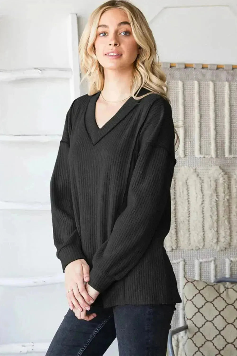 Heimish Full Size Ribbed V-Neck Exposed Seam Top - Bad Moms Club