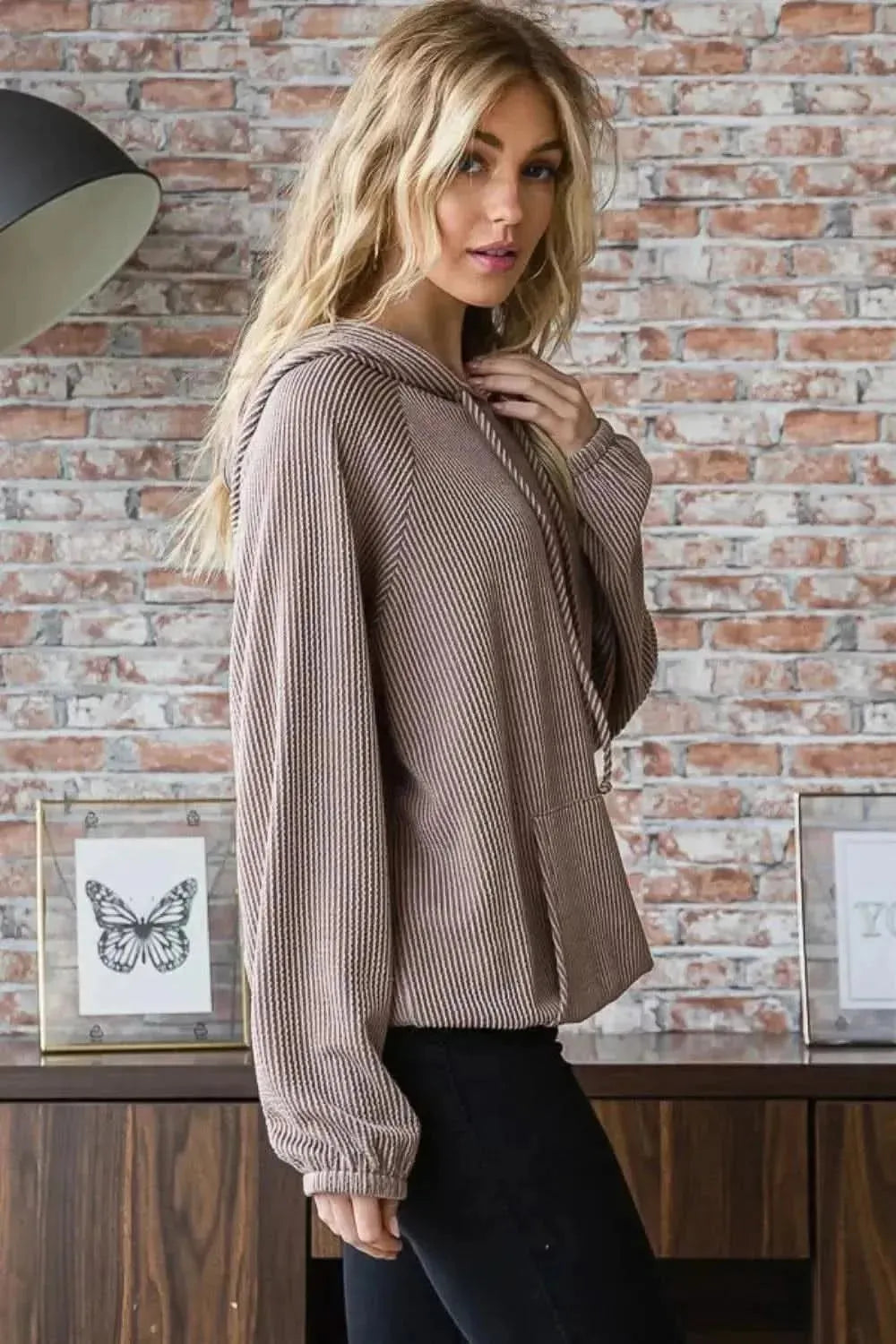 Heimish Full Size Ribbed Drawstring Kangaroo Pocket Hoodie - Bad Moms Club