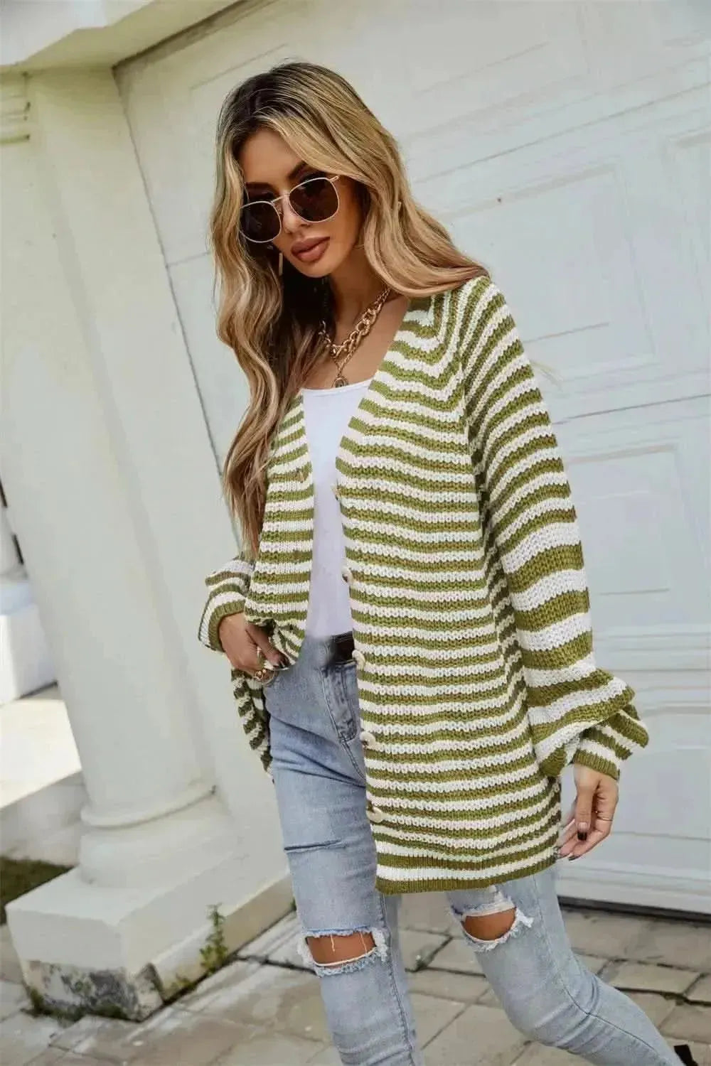 Striped Button Up Long Sleeve Cardigan - Bad Moms Club