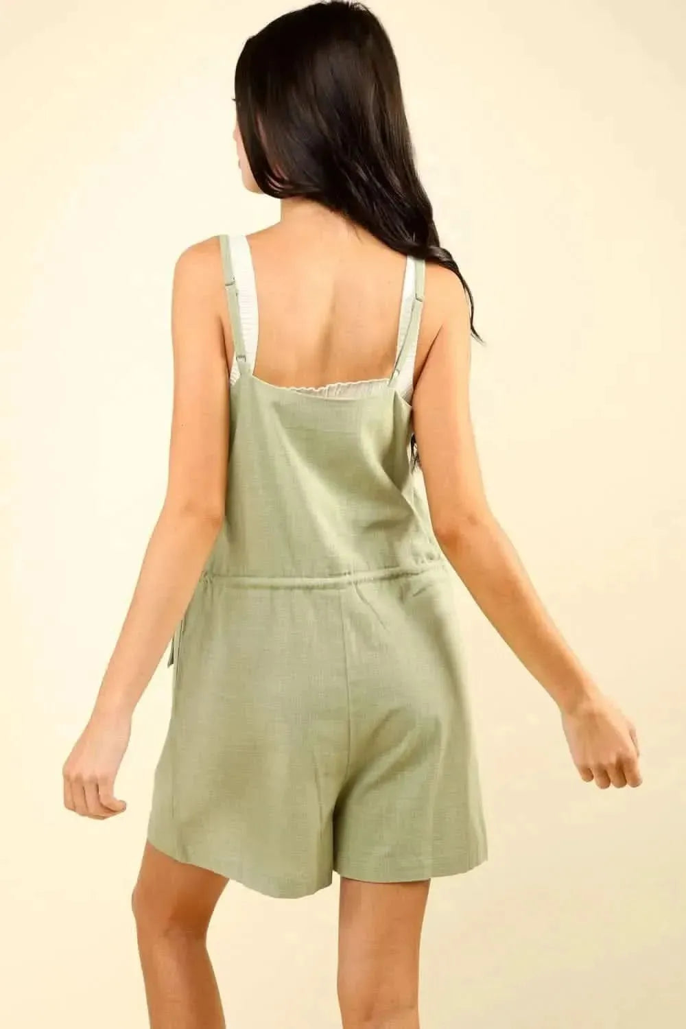 VERY J Half Button Drawstring Sleeveless Romper - Bad Moms Club