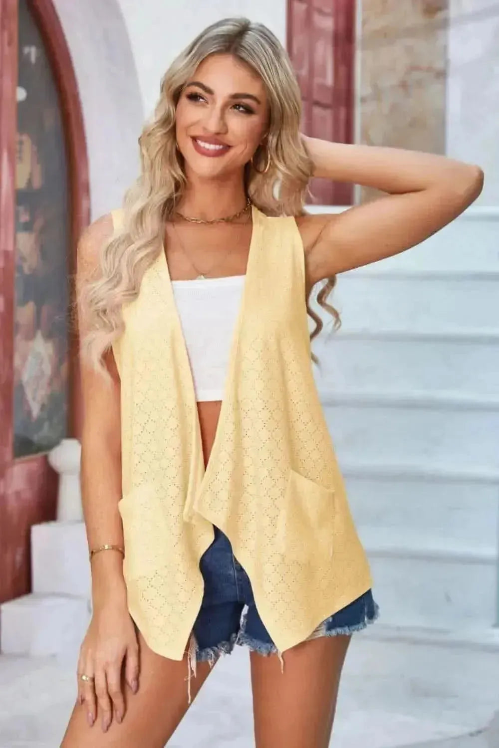 Eyelet Open Front Sleeveless Cardigan - Bad Moms Club