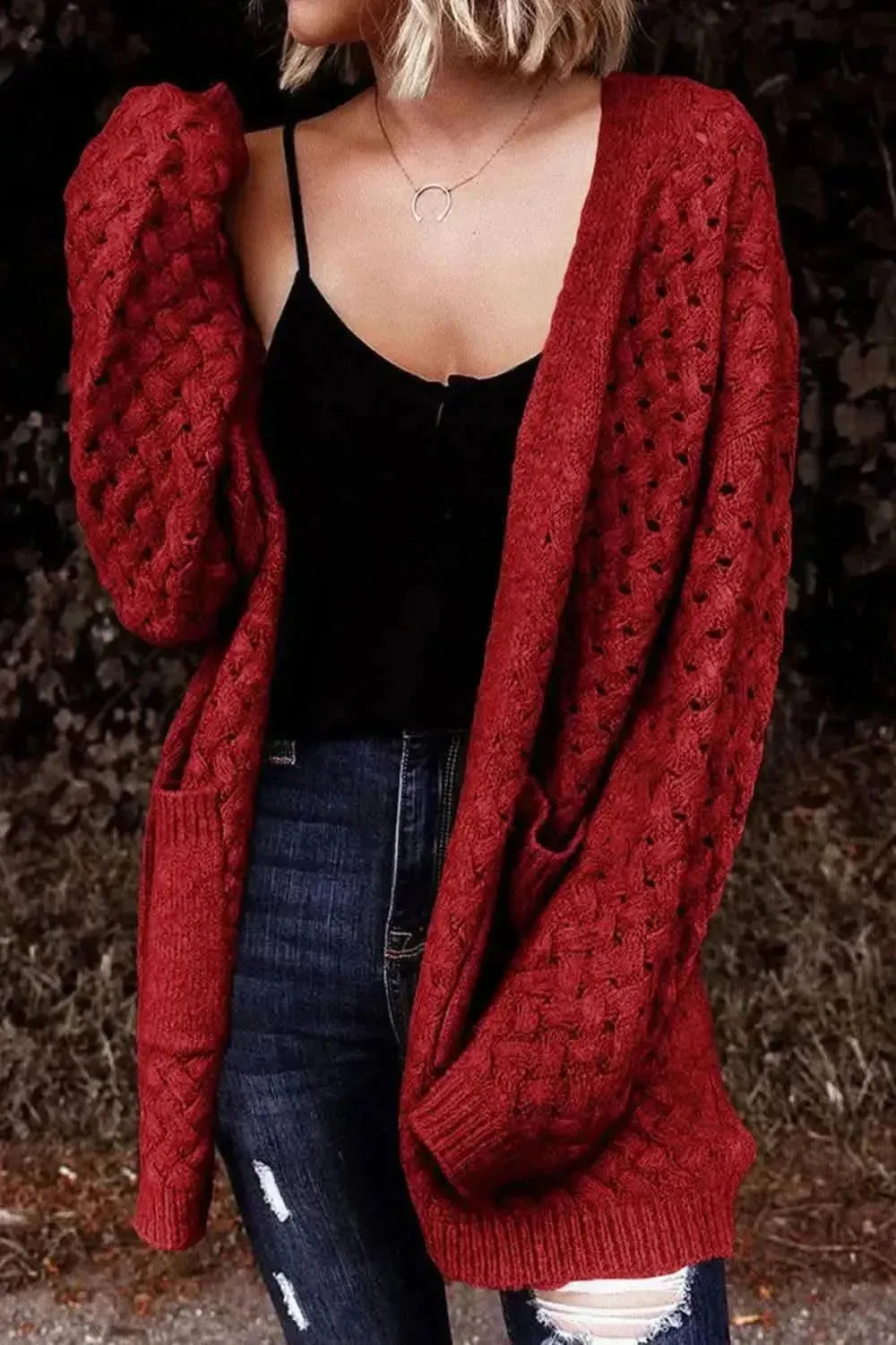 Open Front Dropped Shoulder Cardigan with Pockets - Bad Moms Club
