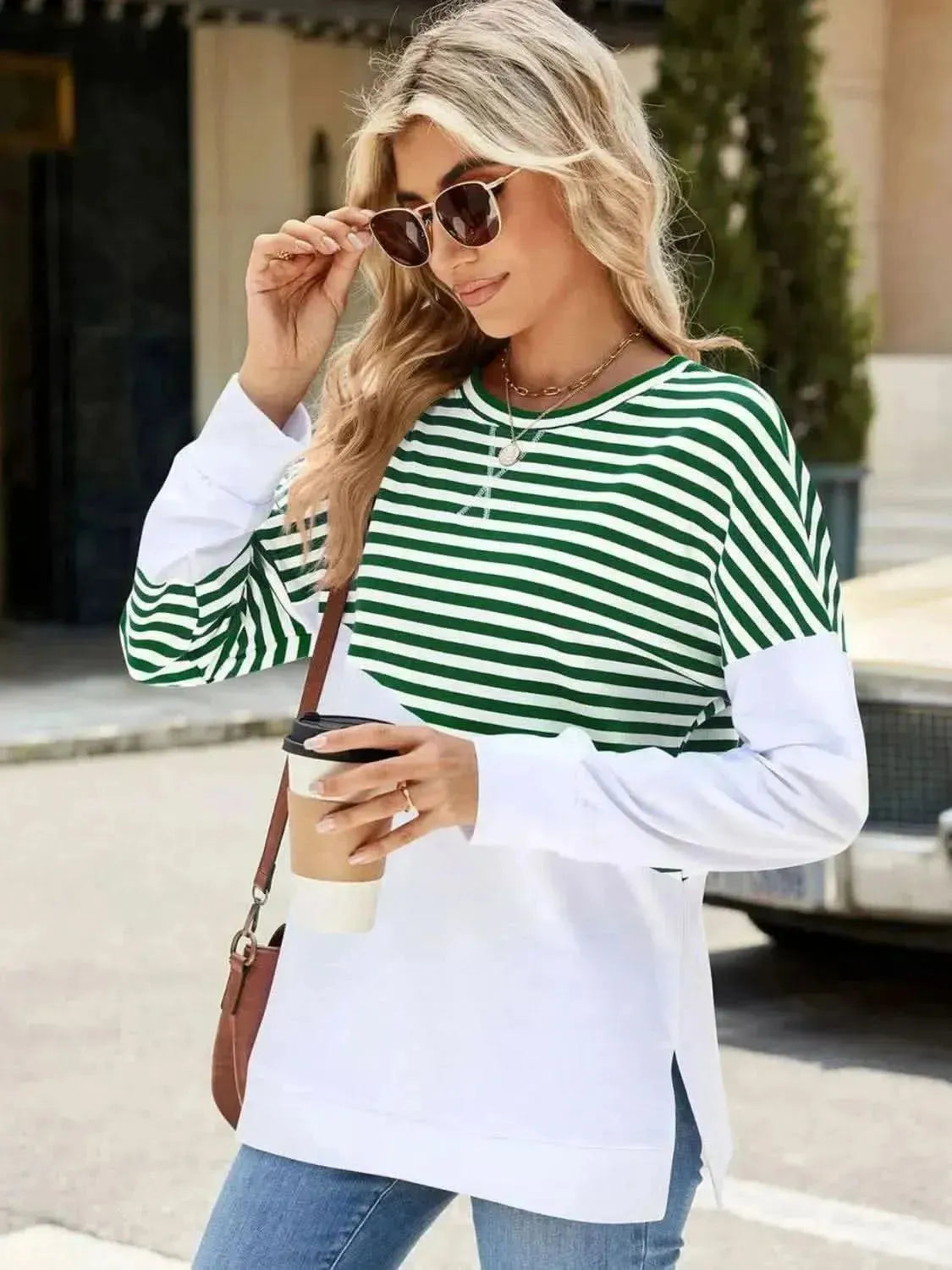 Slit Contrast Striped Long Sleeve Sweatshirt - Bad Moms Club