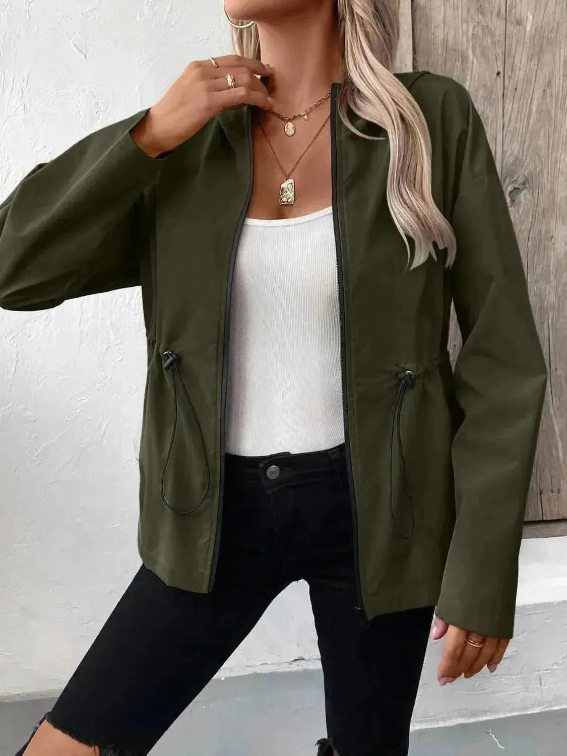 Drawstring Zip Up Hooded Jacket - Bad Moms Club